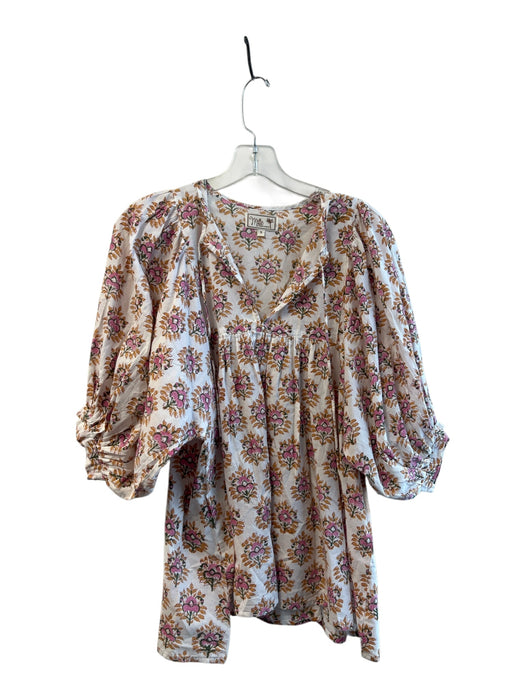 Millie Size Small Cotton floral Half Puff Sleeve Round Split Neck Top Cotton / Small