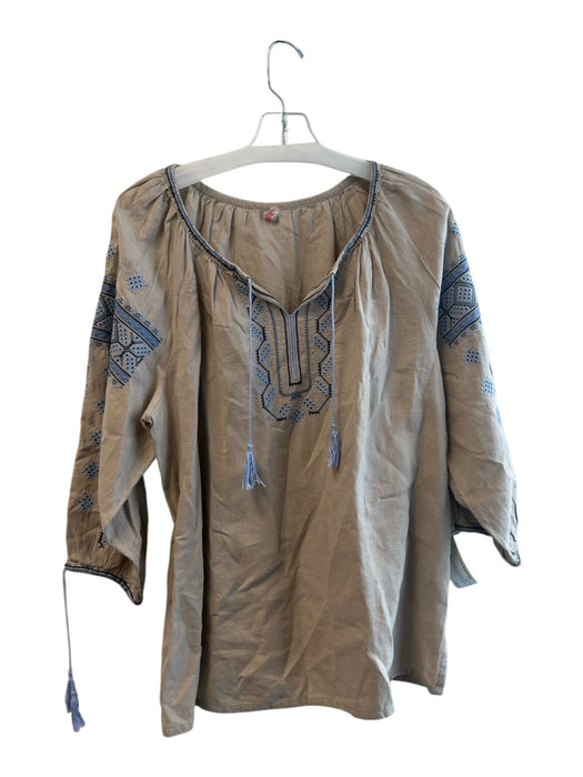 No Brand Size 52 Dark Tan Cotton Embroidered Long Sleeve Round split neck Top Dark Tan / 52