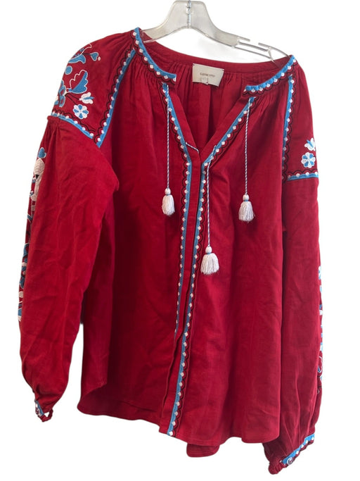 Sleeping Gypsy Size Small Red Linen Embroidered Tunic Long Sleeve Top Red / Small