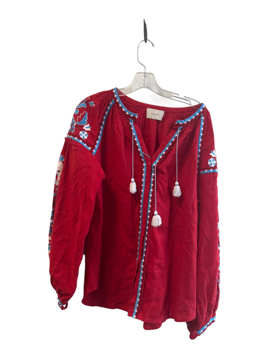 Sleeping Gypsy Size Small Red Linen Embroidered Tunic Long Sleeve Top Red / Small