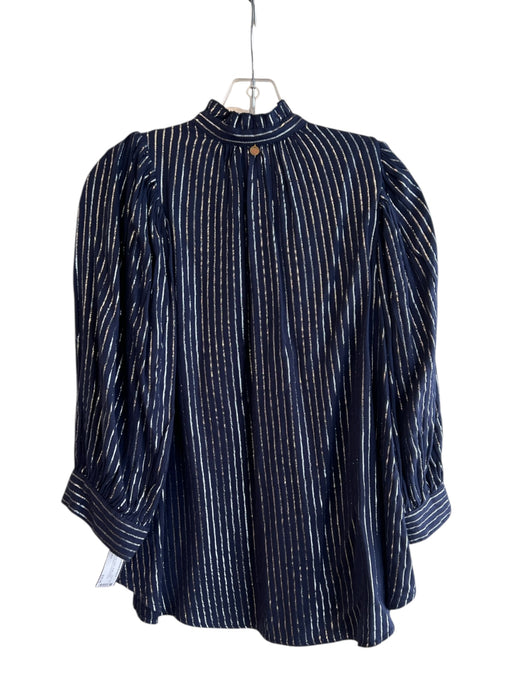 Antik Batik Size S Navy & Silver Cotton Ruffle Collar Button Up Stripes Top Navy & Silver / S