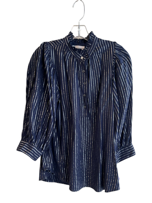 Antik Batik Size S Navy & Silver Cotton Ruffle Collar Button Up Stripes Top Navy & Silver / S