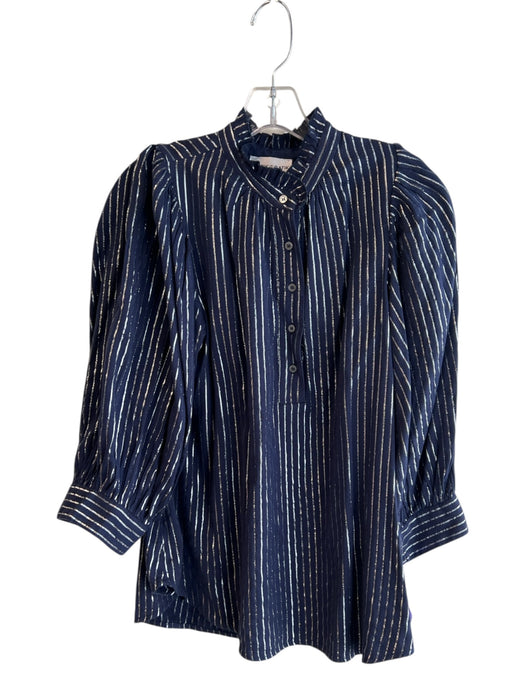 Antik Batik Size S Navy & Silver Cotton Ruffle Collar Button Up Stripes Top Navy & Silver / S