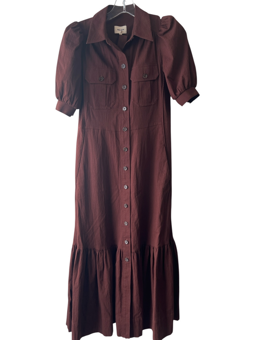ME+EM Size 2 Brown Cotton Blend Short Puff Sleeve Button Down Collared Dress Brown / 2