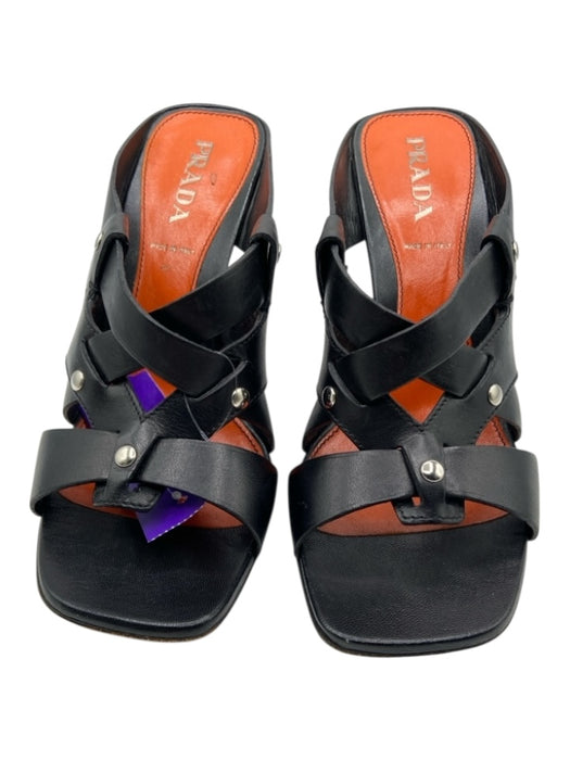 Prada Shoe Size 36.5 Black Leather Square Toe Criss Cross Cutout Sandals Black / 36.5