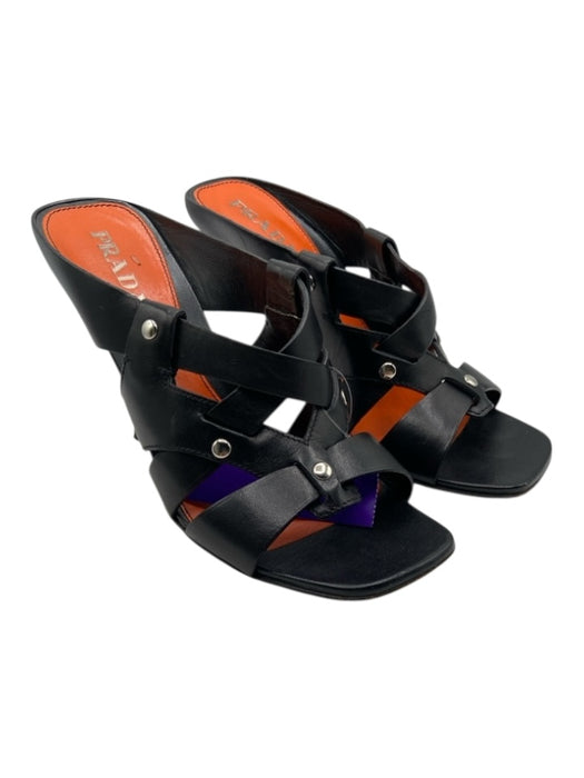 Prada Shoe Size 36.5 Black Leather Square Toe Criss Cross Cutout Sandals Black / 36.5