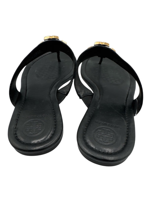 Tory Burch Shoe Size 7 Black Leather Thong Strap Gold Logo Sandals Black / 7