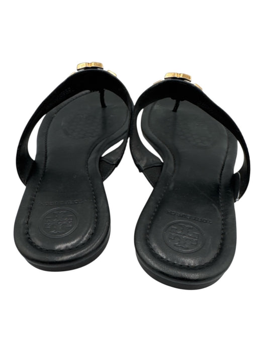 Tory Burch Shoe Size 7 Black Leather Thong Strap Gold Logo Sandals Black / 7