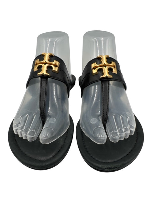 Tory Burch Shoe Size 7 Black Leather Thong Strap Gold Logo Sandals Black / 7