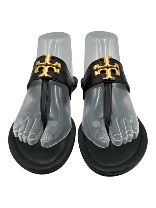 Tory Burch Shoe Size 7 Black Leather Thong Strap Gold Logo Sandals Black / 7