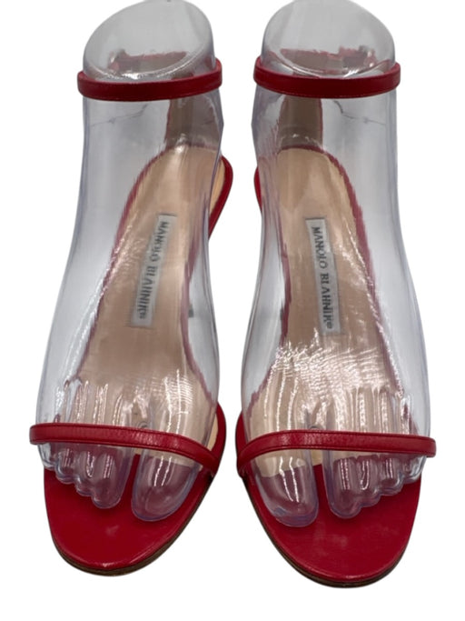 Manolo Blahnik Shoe Size 37.5 Red Leather Ankle Buckle Midi Heel Sandals Red / 37.5