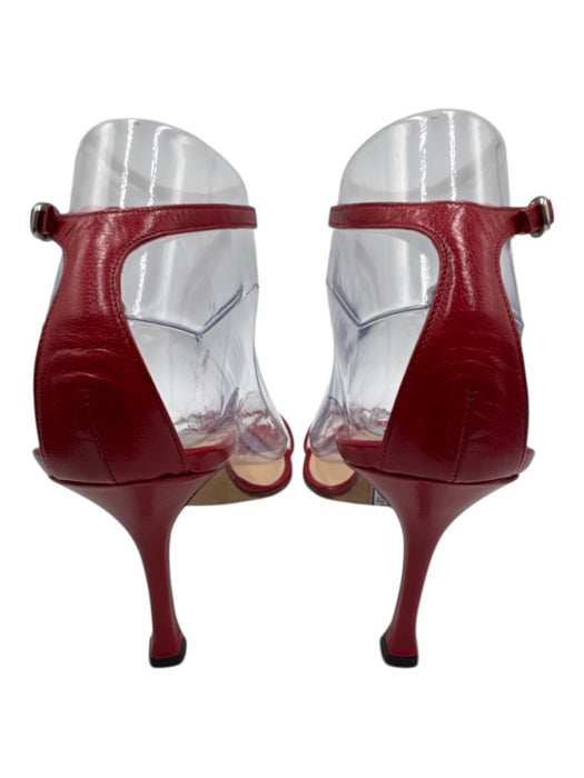 Manolo Blahnik Shoe Size 37.5 Red Leather Ankle Buckle Midi Heel Sandals Red / 37.5