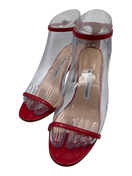 Manolo Blahnik Shoe Size 37.5 Red Leather Ankle Buckle Midi Heel Sandals Red / 37.5