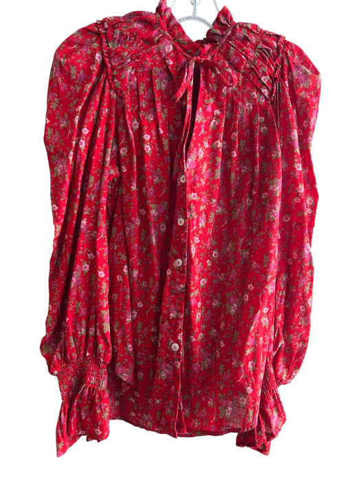 Free People Size S Red Cotton Tie V Neck Ruffle Detail Gathered Long Sleeves Top Red / S