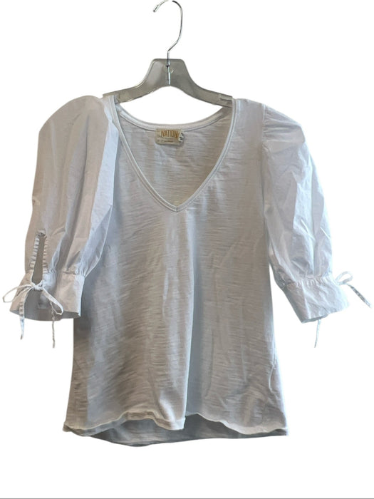 Nation Size M White Cotton Short Sleeve solid color V Neck Puff Sleeves Top White / M