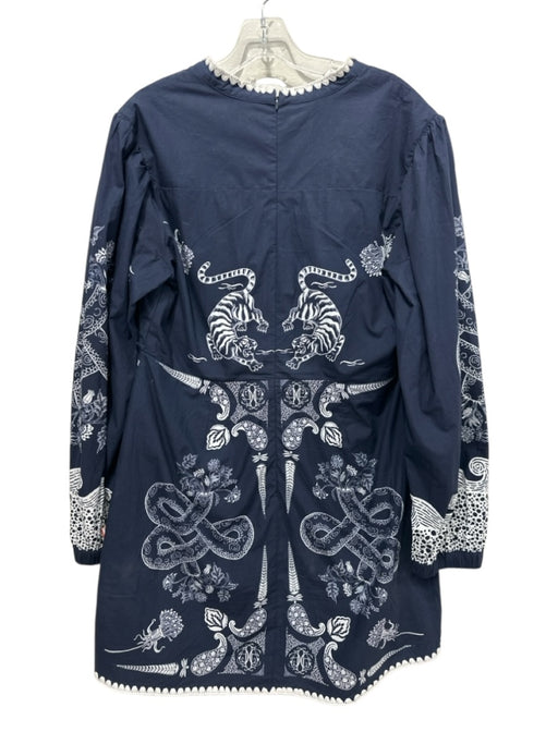Anna Kate Size L Navy Blue & White Cotton Tigers & Floral Paisley V Neck Dress Navy Blue & White / L