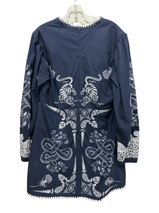 Anna Kate Size L Navy Blue & White Cotton Tigers & Floral Paisley V Neck Dress Navy Blue & White / L