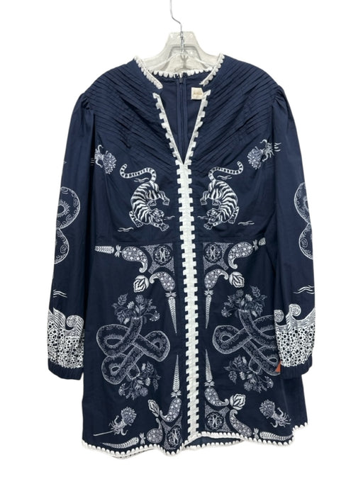 Anna Kate Size L Navy Blue & White Cotton Tigers & Floral Paisley V Neck Dress Navy Blue & White / L