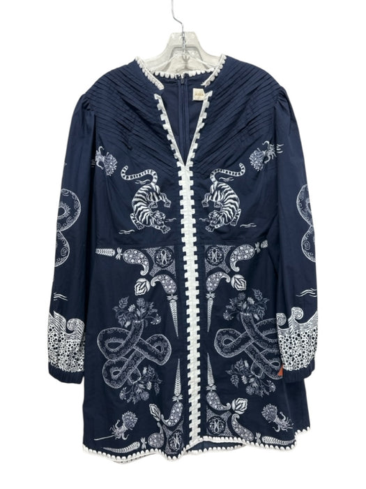Anna Kate Size L Navy Blue & White Cotton Tigers & Floral Paisley V Neck Dress Navy Blue & White / L
