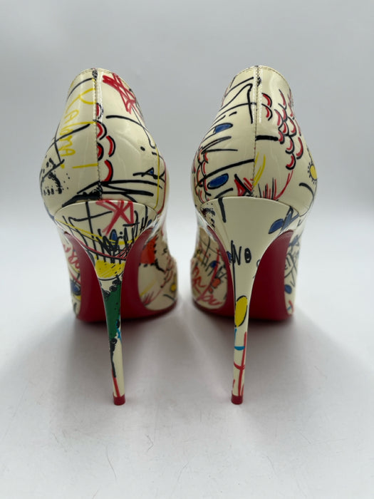 Christian Louboutin Shoe Size 39 Creme & Multi Patent Leather Graffiti Shoes