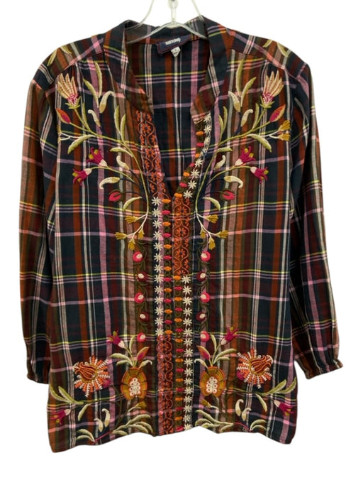 Johnny Was Workshop Size S Orange, Blue, & Multi Cotton & Polyester V Neck Top Orange, Blue, & Multi / S
