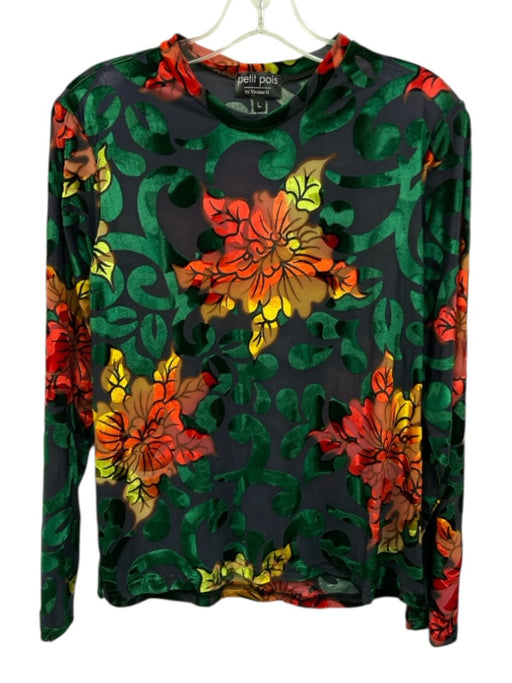 Petite Pois Size L Navy, Green & Red No Fabric Tag Mock Neck Sheer Top Navy, Green & Red / L