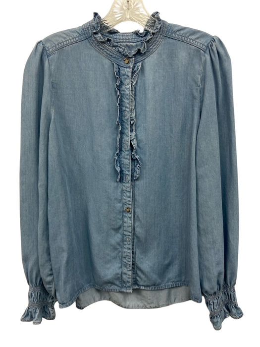ME+EM Size 6 Light Wash Cotton Long Sleeve Ruffles Button Up Top Light Wash / 6