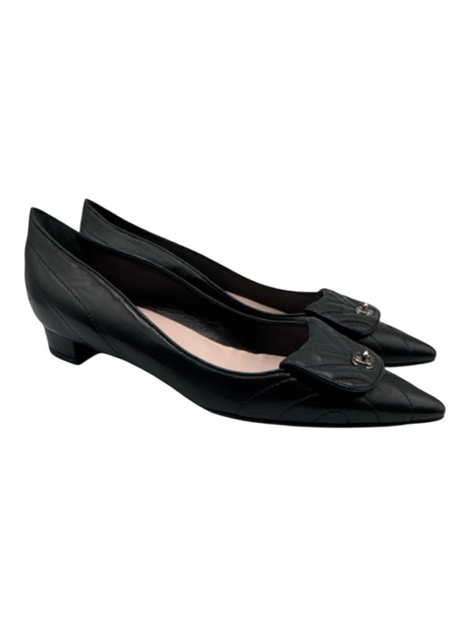 Chanel Shoe Size 38 Black Leather Pointed Toe Quilted Interlocking CC Pumps Black / 38