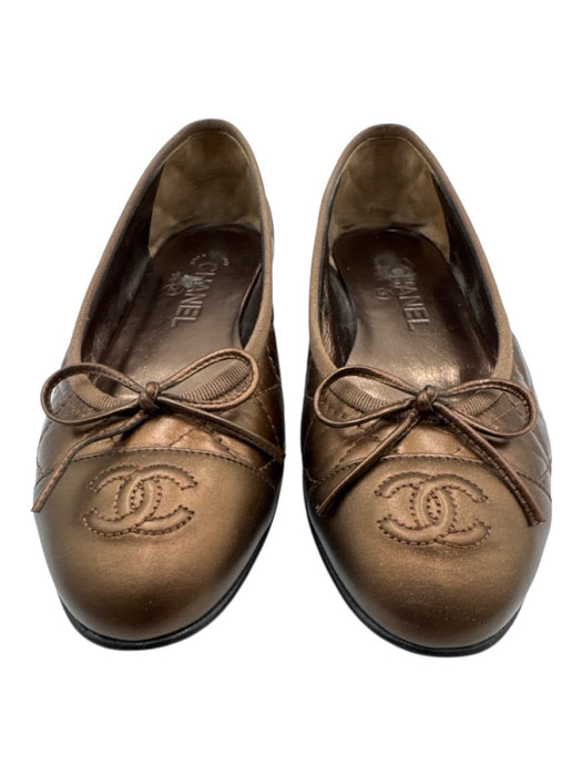 Chanel Shoe Size 37 Bronze brown Leather Round Toe Quilted Toe Cap Flats Bronze brown / 37