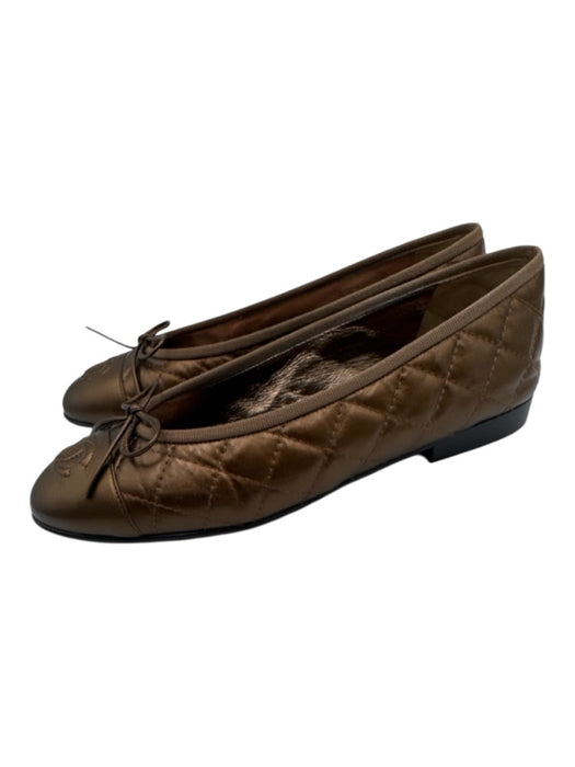 Chanel Shoe Size 37 Bronze brown Leather Round Toe Quilted Toe Cap Flats Bronze brown / 37