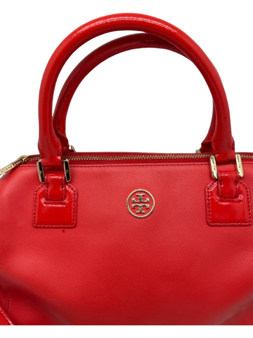 Tory Burch Red Leather Saffiano Patent Accent Brass Hardware Satchel Bag Red