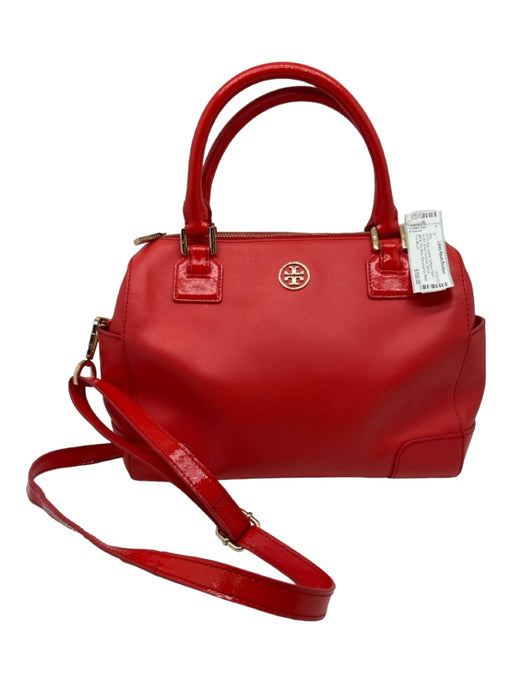 Tory Burch Red Leather Saffiano Patent Accent Brass Hardware Satchel Bag Red