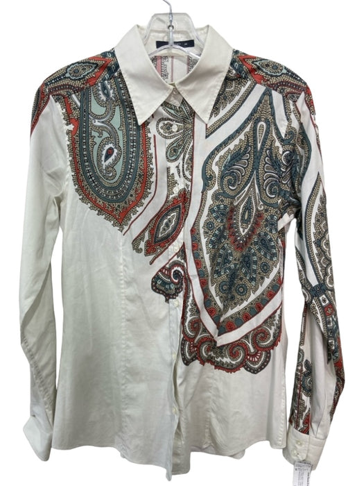 Etro Size 44 White & Multi Cotton Blend Long Sleeve Paisley Print Collar Top White & Multi / 44