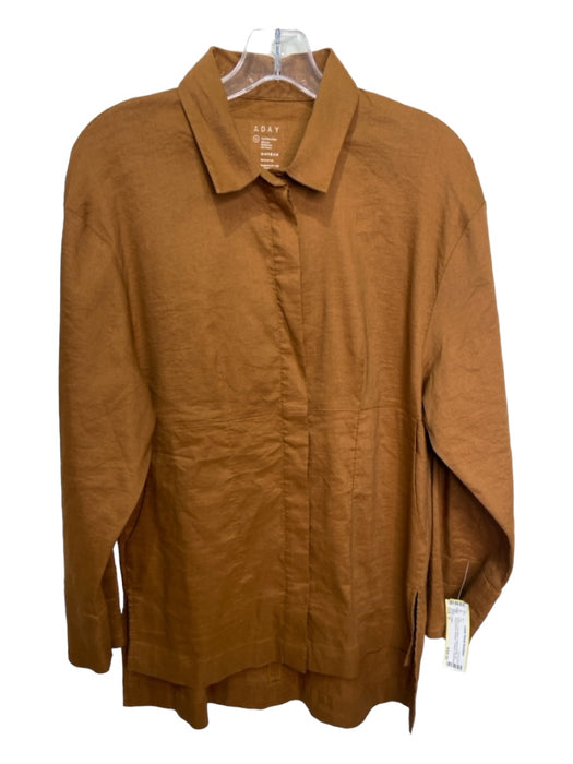 A Day Size S Brown Linen Blend Collared Button Up Long Sleeve Paneled Top Brown / S