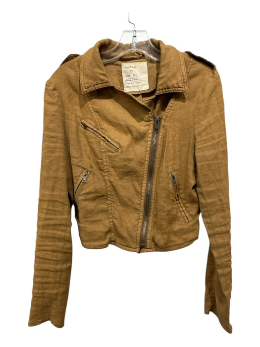 Free People Size 6 Brown Linen & Rayon Long Sleeve Zip Up Collar Jacket Brown / 6