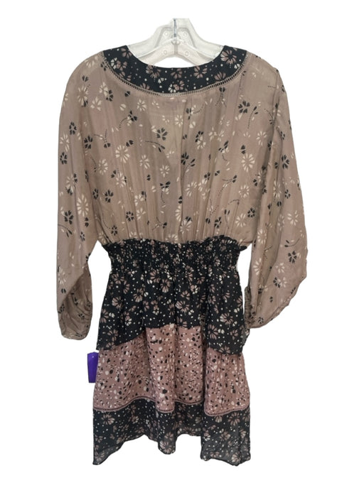 Love Sam Size XS Dusty Pink & Black Silk Floral V Neck Long Sheer Sleeve Dress Dusty Pink & Black / XS