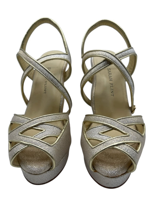 Sara Flint Shoe Size 37 Gold Leather Fabric Peep Toe Ankle Strap Platform Pumps Gold / 37
