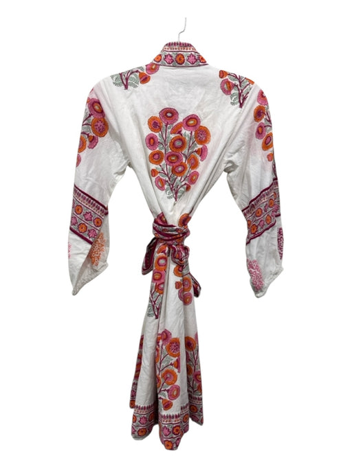 Sue Sartor Size XS White, Pink, Orange Cotton 1/2 Sleeve Floral Print Midi Dress White, Pink, Orange / XS