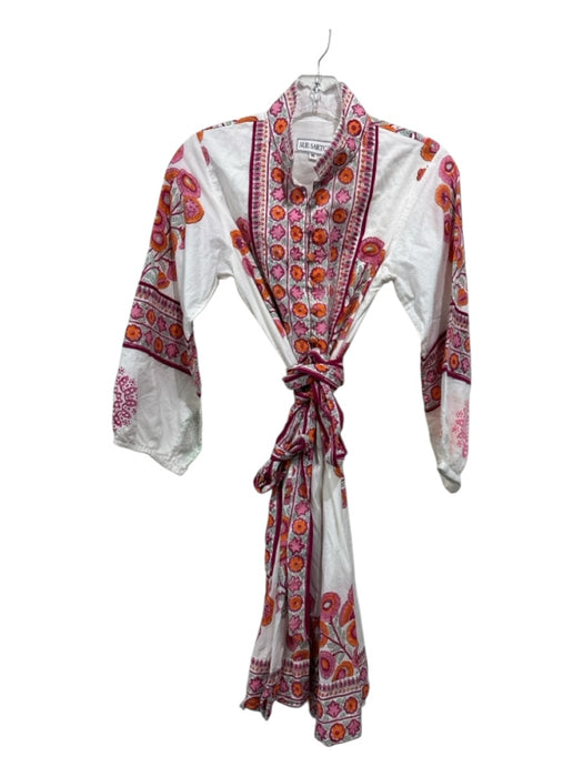 Sue Sartor Size XS White, Pink, Orange Cotton 1/2 Sleeve Floral Print Midi Dress White, Pink, Orange / XS
