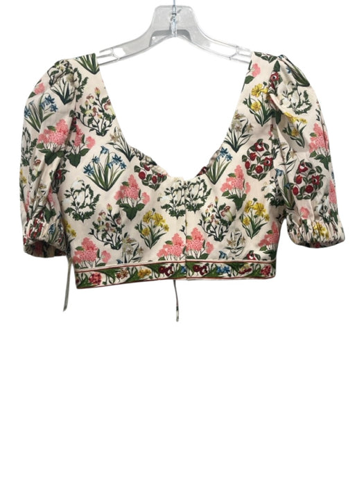 Agua by Agua Bendita Size L Cream, Green, Pink Cotton Short Puff Sleeve Crop Top Cream, Green, Pink / L
