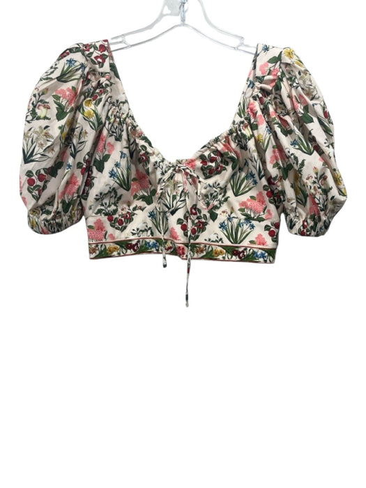 Agua by Agua Bendita Size L Cream, Green, Pink Cotton Short Puff Sleeve Crop Top Cream, Green, Pink / L