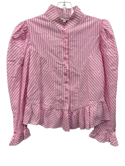 Buru Size XS Pink & White Cotton Striped Long Sleeve Button Up Ruffle Detail Top Pink & White / XS