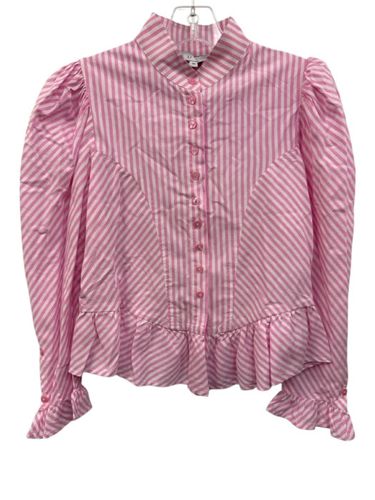 Buru Size XS Pink & White Cotton Striped Long Sleeve Button Up Ruffle Detail Top Pink & White / XS