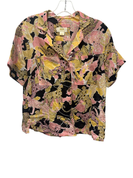 Maeve by ANTHROPOLGIE Size x-small Black, Yellow & Pink Linen Flora & Fauna Top Black, Yellow & Pink / x-small