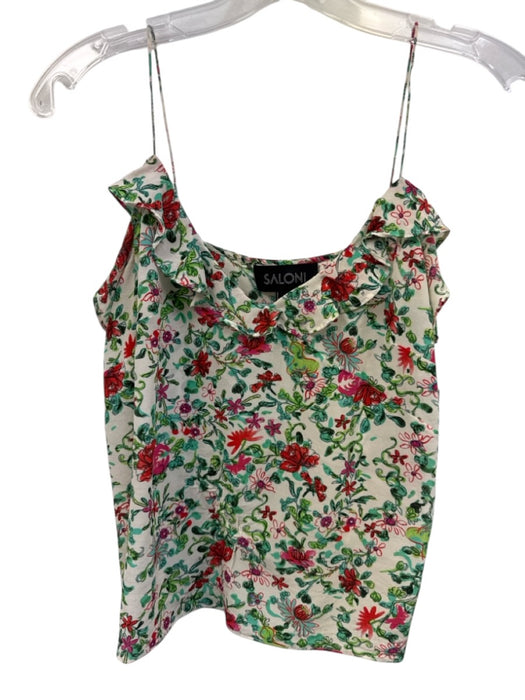Saloni Size 6 Cream White, Green & Red Silk Spaghetti Strap Botanical Top Cream White, Green & Red / 6