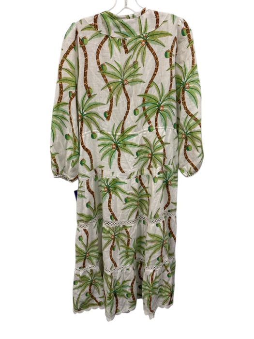 Farm Rio Size S Cream White, Green & Brown Linen Palm Tree Print Dress Cream White, Green & Brown / S