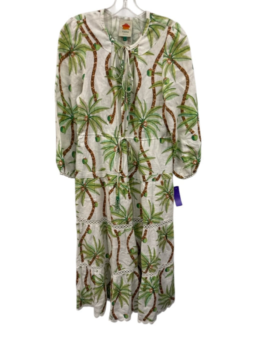 Farm Rio Size S Cream White, Green & Brown Linen Palm Tree Print Dress Cream White, Green & Brown / S