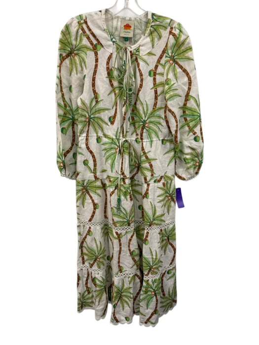 Farm Rio Size S Cream White, Green & Brown Linen Palm Tree Print Dress Cream White, Green & Brown / S