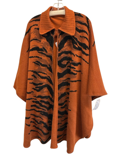Jean-Louis Scherrer Burnt Orange & Black Knit Tiger Stripe 1 Button Wrap Poncho Burnt Orange & Black / One Size