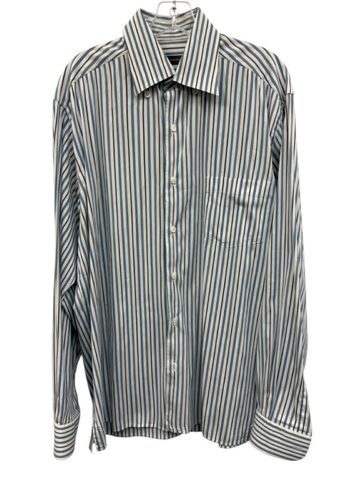 Zegna Size L White & Blue Cotton Striped Button up Men's Long Sleeve Shirt White & Blue / L